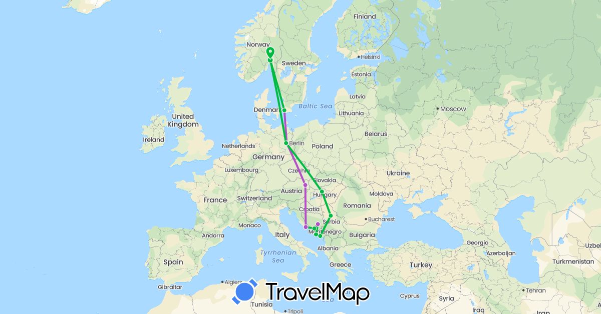 TravelMap itinerary: bus, train in Austria, Bosnia and Herzegovina, Germany, Croatia, Hungary, Montenegro, Norway, Serbia, Sweden (Europe)